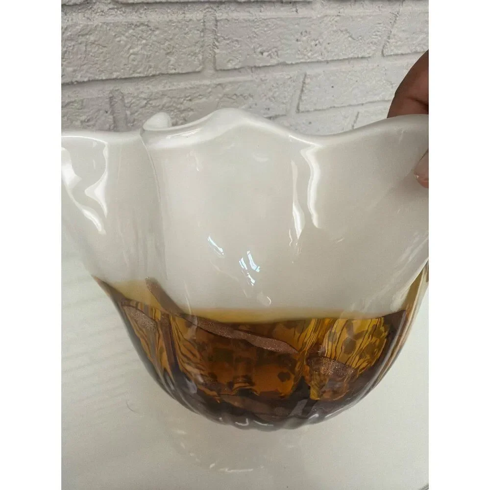 VTG Murano Art Glass White Amber Gold Flecks Large Bowl